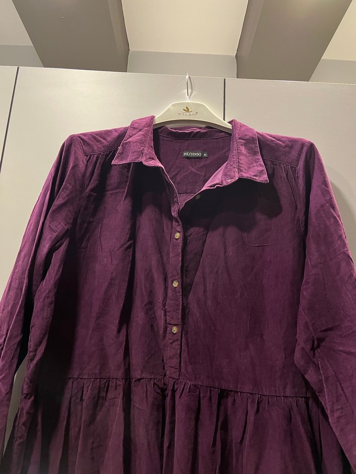 Düğmeli Uzun Mor Keten Kadın elbise - Görsel 4