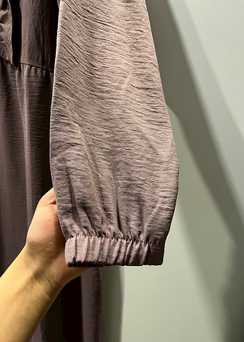 Uzun Kollu Mor Keten Elbise - Görsel 3