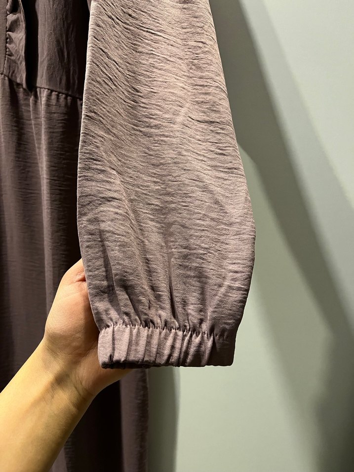 Uzun Kollu Mor Keten Elbise - Görsel 3