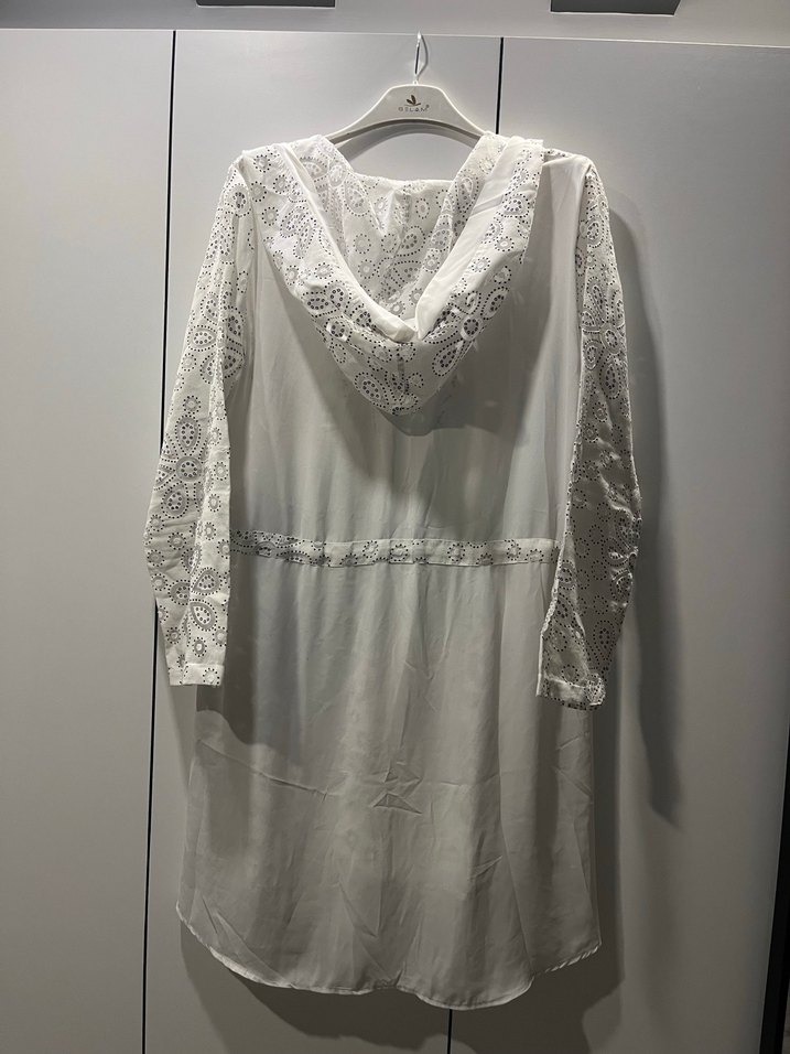 Bohem Nakışlı Uzun Kollu Beyaz Kadın kap - Görsel 5