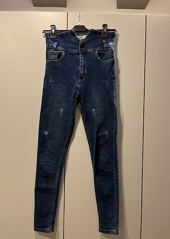 Kadın Mavi Kemer kısımlı Skinny Denim Pantolon - Görsel 3