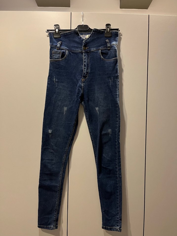 Kadın Mavi Kemer kısımlı Skinny Denim Pantolon - Görsel 3