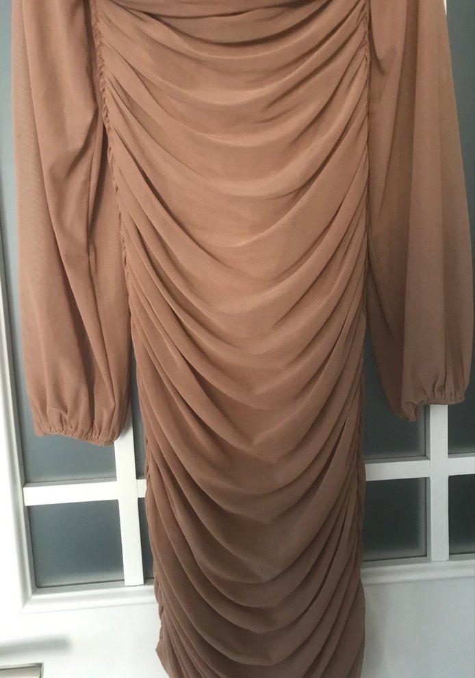 Bej Drapeli Uzun Kollu Abiye Elbise - Görsel 2