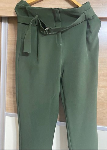 Kadın Haki Kumaş Kemerli Pantolon - Görsel 2