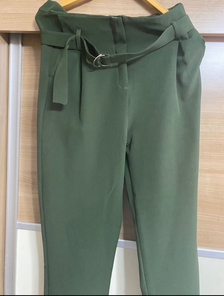 Kadın Haki Kumaş Kemerli Pantolon - Görsel 2