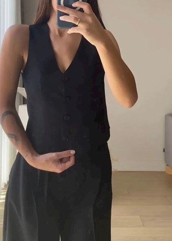 s Beden siyah Renk Düğmeli Siyah Kolsuz Kadın Takım