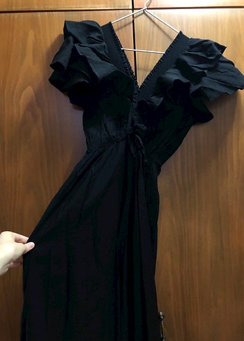 Siyah Uzun Kayık Yaka Keten Elbise - Görsel 3