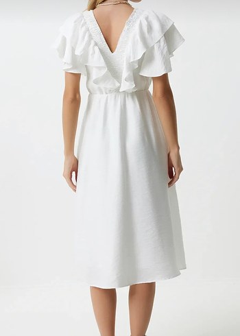 Siyah Uzun Kayık Yaka Keten Elbise - Görsel 5