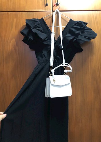 Siyah Uzun Kayık Yaka Keten Elbise - Görsel 2