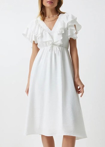 Siyah Uzun Kayık Yaka Keten Elbise - Görsel 4