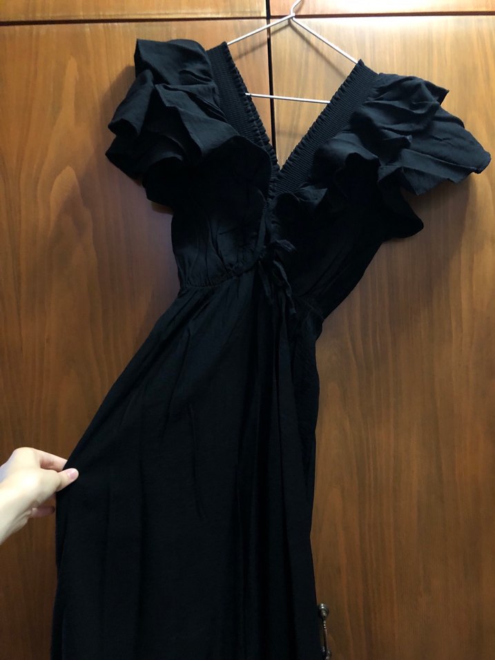 Siyah Uzun Kayık Yaka Keten Elbise - Görsel 3