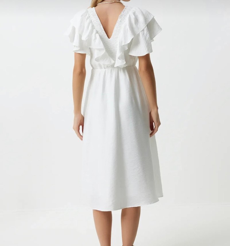 Siyah Uzun Kayık Yaka Keten Elbise - Görsel 5