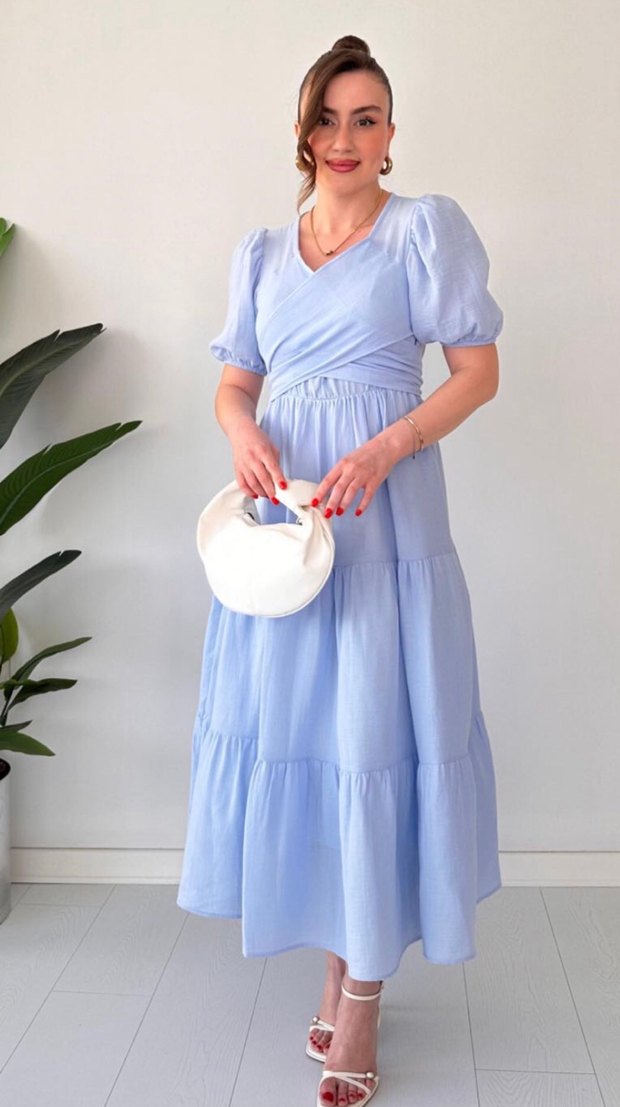 Kalp yaka poplin bağlamalı elbise - Görsel 3