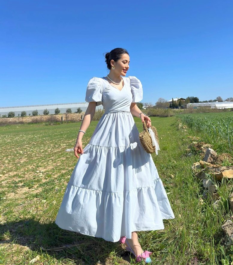 Kalp yaka poplin bağlamalı elbise - Görsel 2