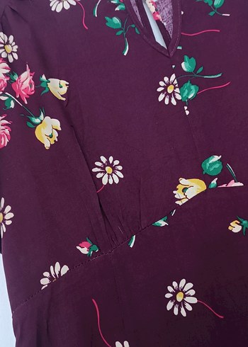 46 Beden bordo Renk Bordo Çiçekli V Yaka Midi Elbise
