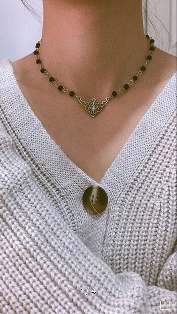Siyah Vintage Cam İnci Kolye