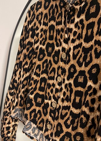 41 Beden Kahverengi Leopar Desenli Uzun Kollu Mini Bluz