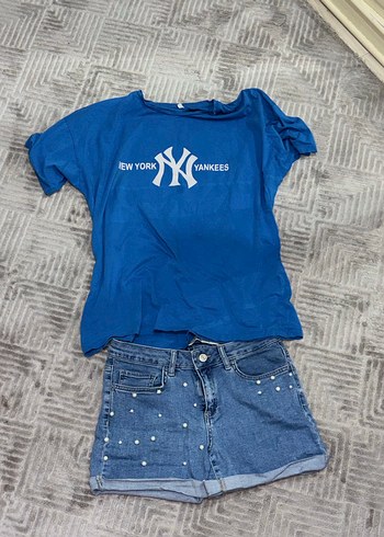 LC Waikiki New York Yankees Mavi Tisort Tasli Denim Sort Seti