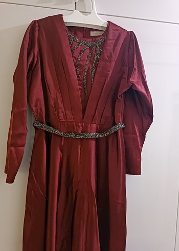 Bordo Drapeli Uzun Tesettür Elbise - Görsel 5