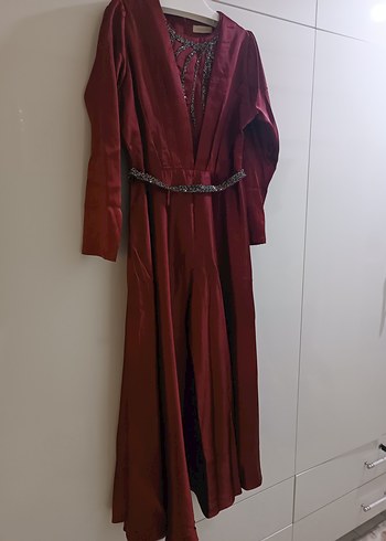 Bordo Drapeli Uzun Tesettür Elbise - Görsel 4