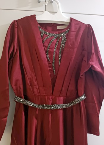 Bordo Drapeli Uzun Tesettür Elbise - Görsel 2