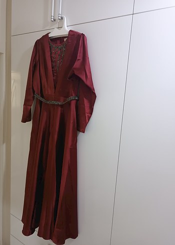 Bordo Drapeli Uzun Tesettür Elbise - Görsel 3