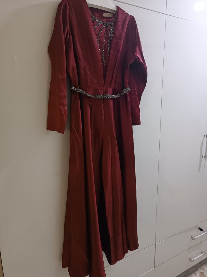 Bordo Drapeli Uzun Tesettür Elbise - Görsel 4