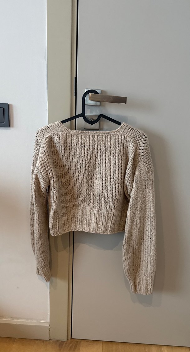 Bej V Yaka El Örgüsü Örgü Hırka Hand Made - Görsel 4