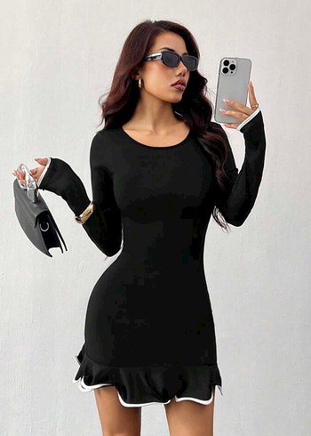 Siyah Uzun Kollu Mini Elbise - Görsel 6