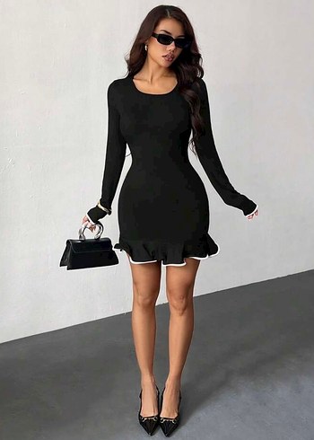 Siyah Uzun Kollu Mini Elbise - Görsel 5