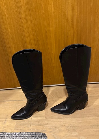 Kadın Siyah Deri Kemerli Dizüstü Bot - Görsel 5