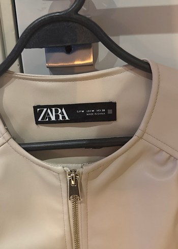 Bej Kadın Deri Ceket, Kısa, Fermuarlı - Görsel 2