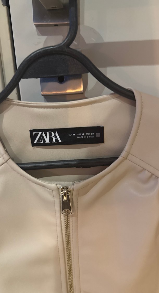 Bej Kadın Deri Ceket, Kısa, Fermuarlı - Görsel 2