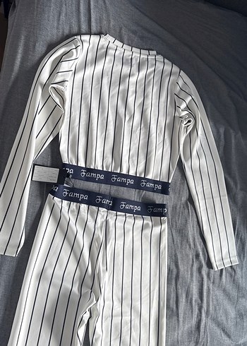 Çizgili Beyaz Kadın Spor Takımı tayt eşofman - Görsel 7