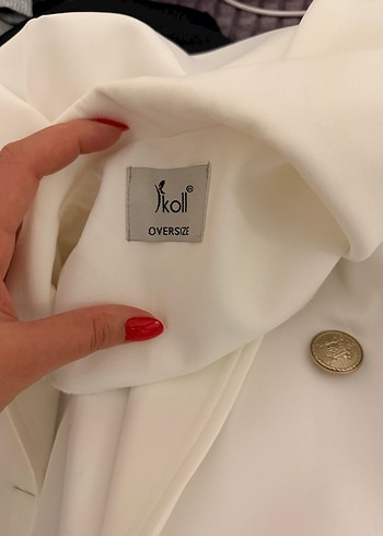 Düğmeli Beyaz Midi Kadın Blazer Ceket - Görsel 2