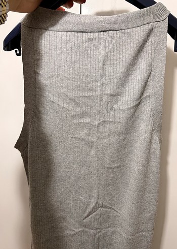 Gri V Yaka Düğmeli Kolsuz Triko Elbise - Görsel 5