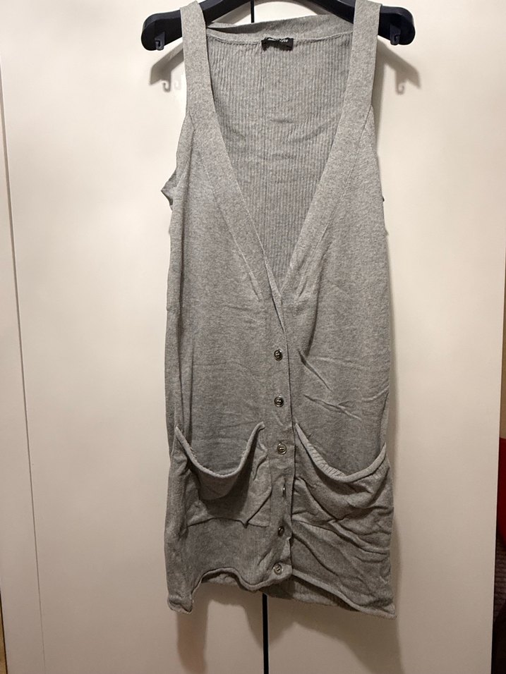 Gri V Yaka Düğmeli Kolsuz Triko Elbise - Görsel 4