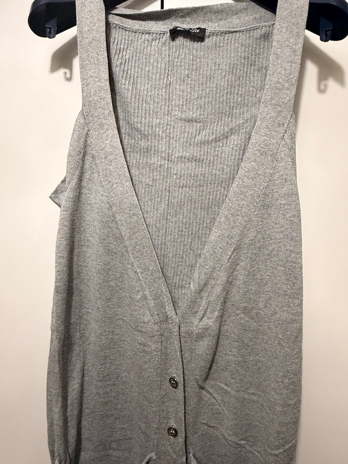 Gri V Yaka Düğmeli Kolsuz Triko Elbise - Görsel 3