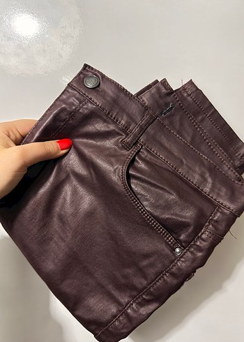 Bordo Deri mumlu Kadın Pantolon - Görsel 2