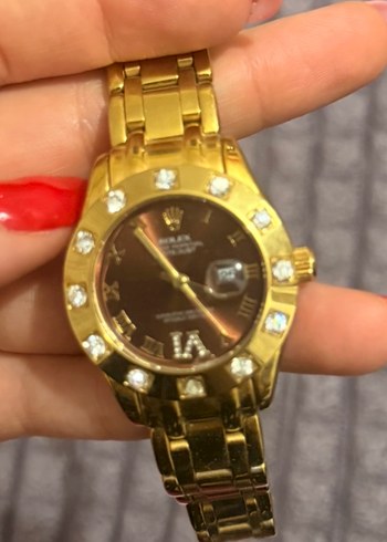 Parlak Altın Kadın Saat Taşlı rolex - Görsel 6