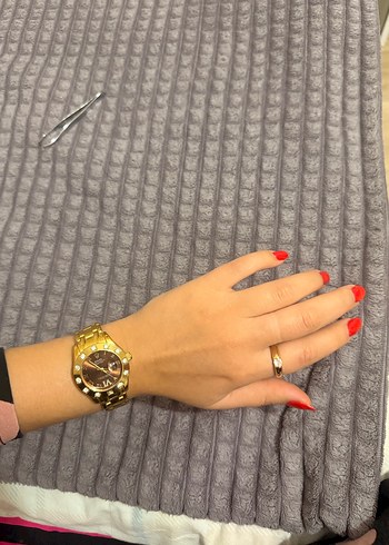 Parlak Altın Kadın Saat Taşlı rolex - Görsel 5