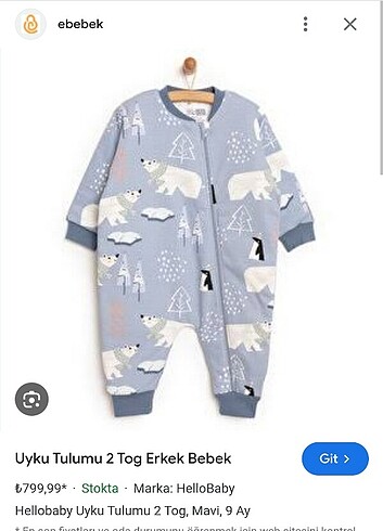 HelloBaby E bebek marka 2 tog uyku tulumu