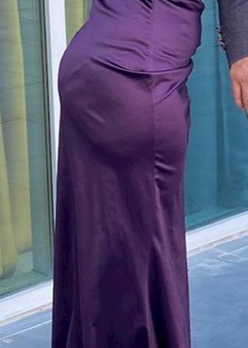 Mor Uzun Drapeli V Yaka Gece Elbisesi - Görsel 3