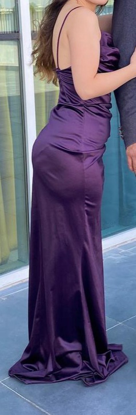 Mor Uzun Drapeli V Yaka Gece Elbisesi - Görsel 3
