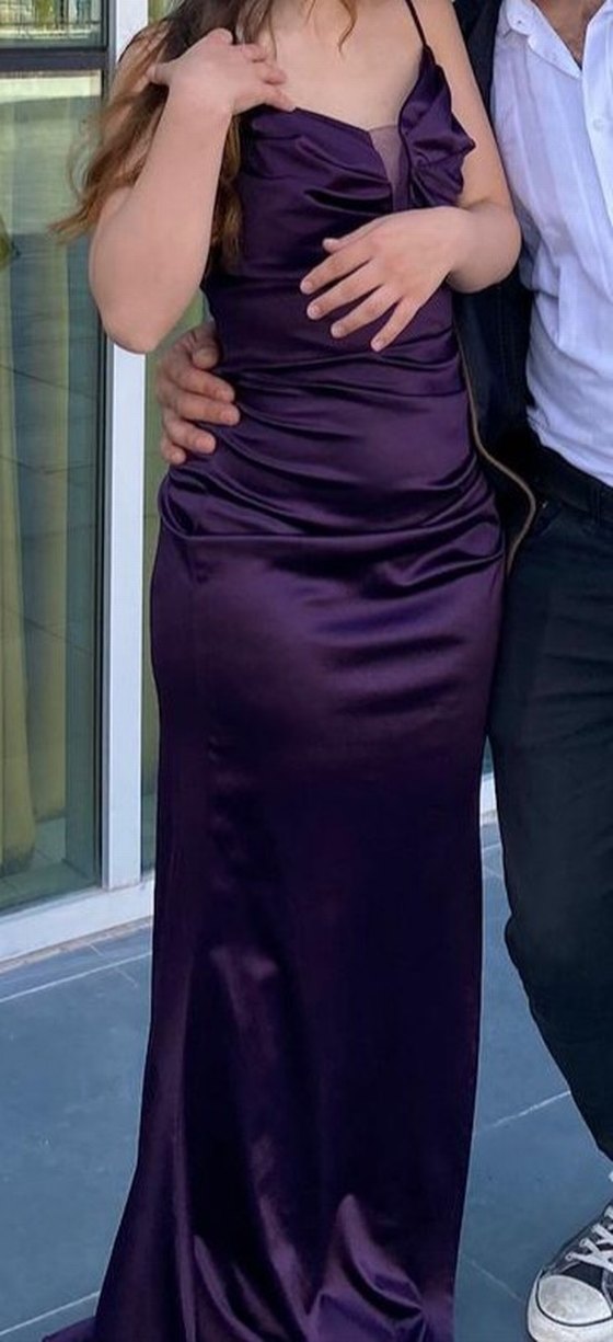 Mor Uzun Drapeli V Yaka Gece Elbisesi - Görsel 2