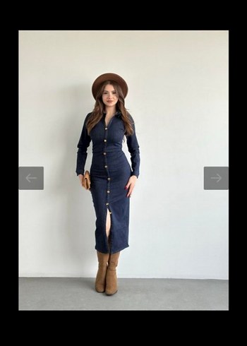 Düğmeli Lacivert Kadın Uzun Kot Elbise - Görsel 2