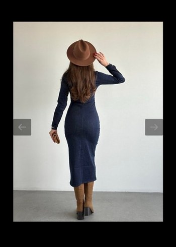 Düğmeli Lacivert Kadın Uzun Kot Elbise - Görsel 3