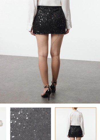 Kadın Siyah Payetli Pullu Mini Etek - Görsel 3
