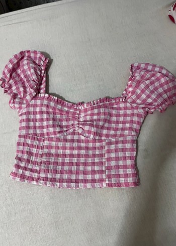 Pembe Kareli Kısa Kollu Bluz