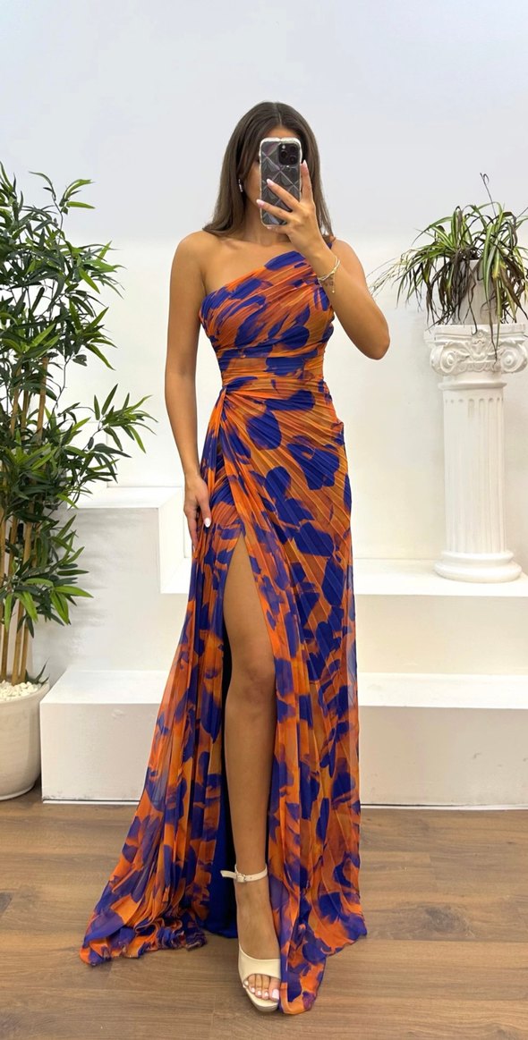 Çok Renkli Drapeli Uzun Abiye Elbise - Görsel 2